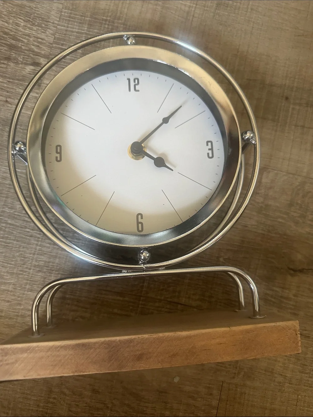 Silver and White Tabletop Clock with Wood Base - Minimal Decorative Clock